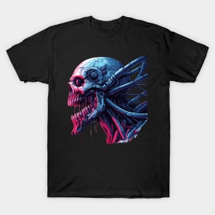 Creepy cyborg neon skull cyber punk art T-Shirt